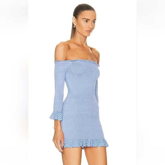 Caroline Constas Tilly Dress Blue White Mini Polka Dot Small Off the Shoulder - Picture 3 of 14